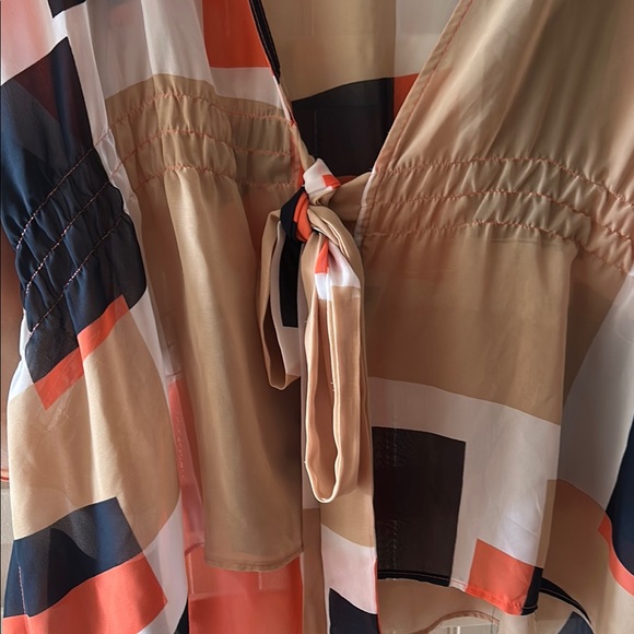 Ashley Stewart Tan and Orange Graphic Tie Front Blouse - Picture 3 of 5